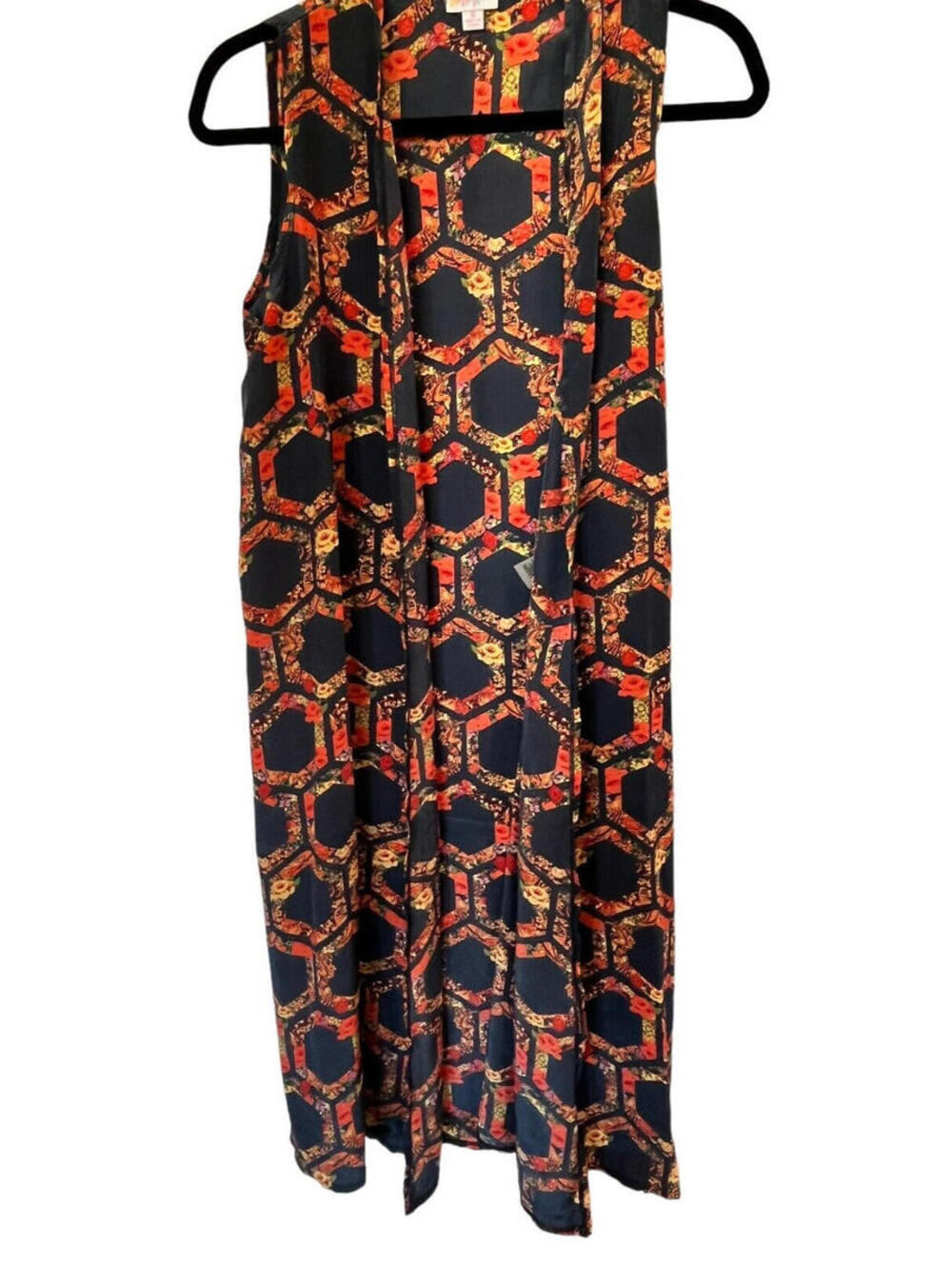 Lularoe Joy Split Seam Duster Long Vest Floral Octagon pattern Size Small NWT